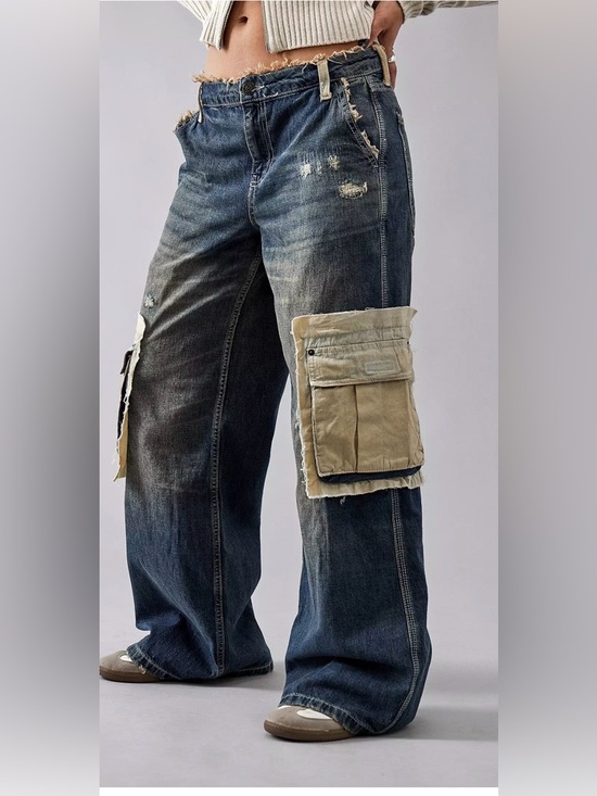 BDG Pants - BDG Wide Leg Cargo Jeans in Blue with Tan Patch Pockets